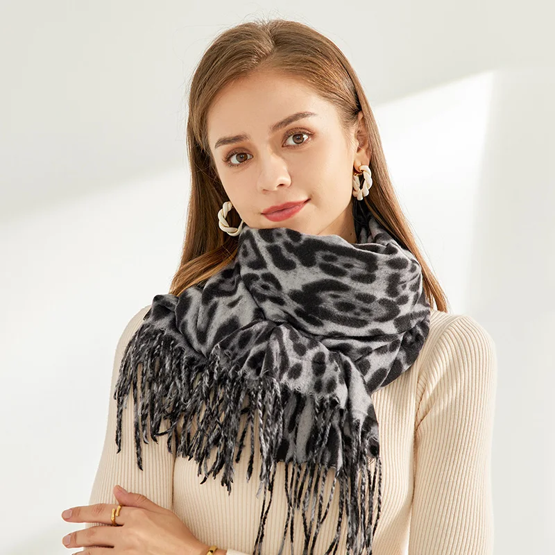 New Leopard Print  Winter Scarf for Women Classic Thickened Imitation Cashmere Print Fringe Shawl Stylish Versatile Warm Blanket