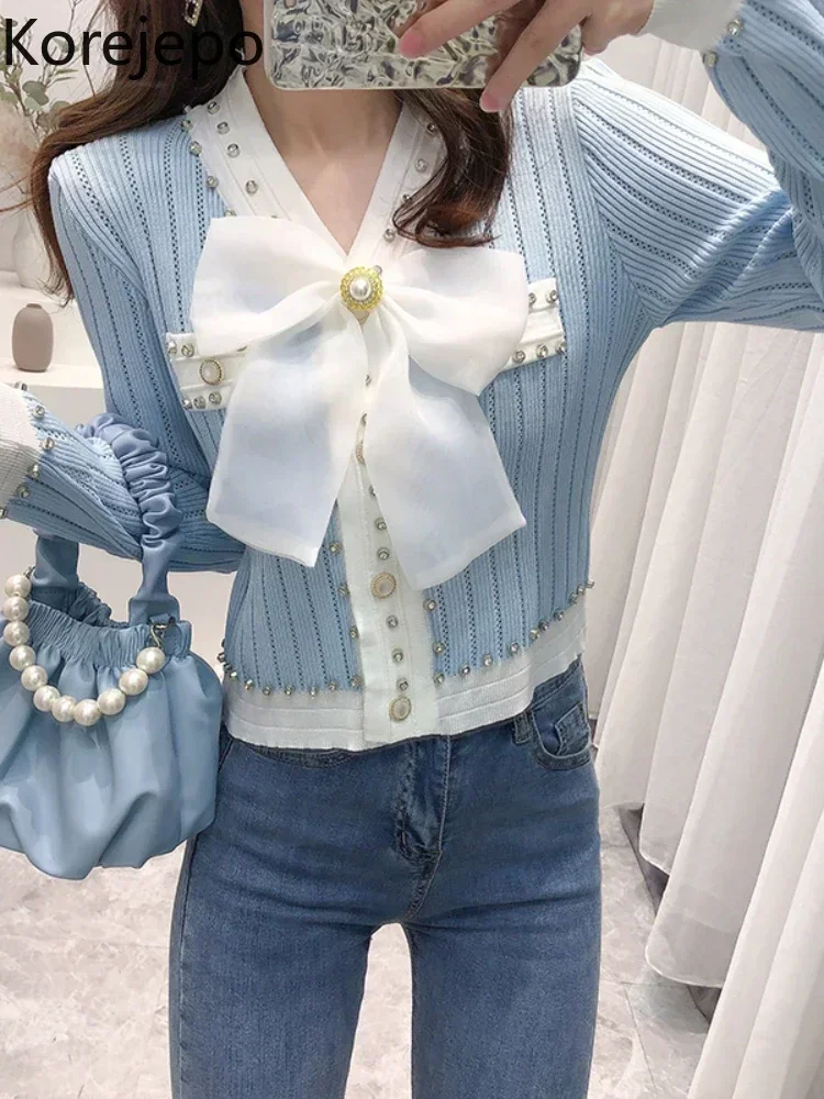 Korejepo Gentle Knitted Sweater 2024 Women Autumn New French Sweet Tops Diamonds Pearl Bow Temperament V Neck Long Sleeved Top