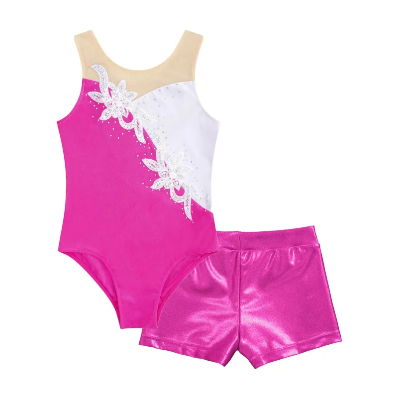 Girls Ballet Dance Leotard Gymnastic Outfit Kids Sleeveless Mesh Shiny Sequin Bodysuit and Shorts for Figure Skating Performance