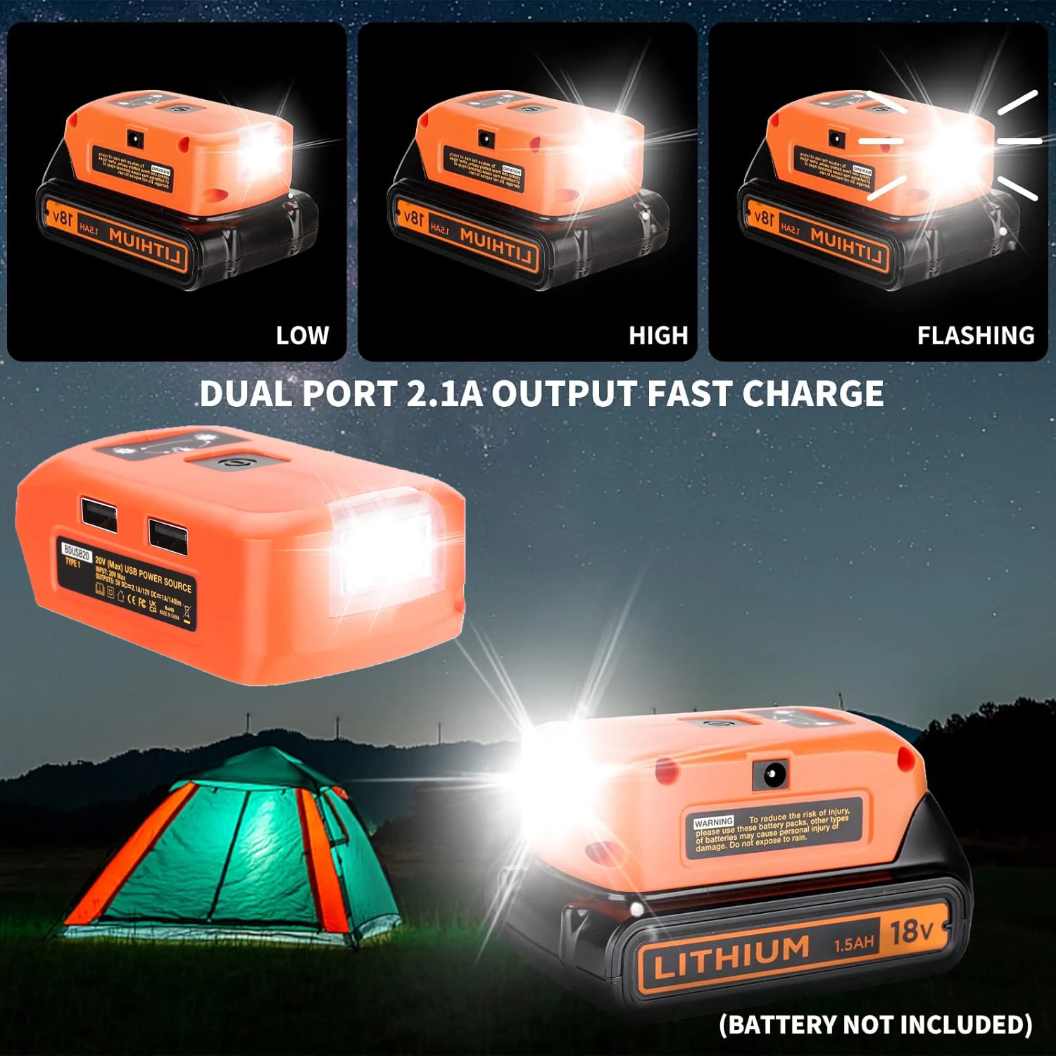 

Battery Adapter for Black and Decker 20v Lithium Battery USB Phone Charger Led Work Light with Dual USB Charger and 12v DC Port