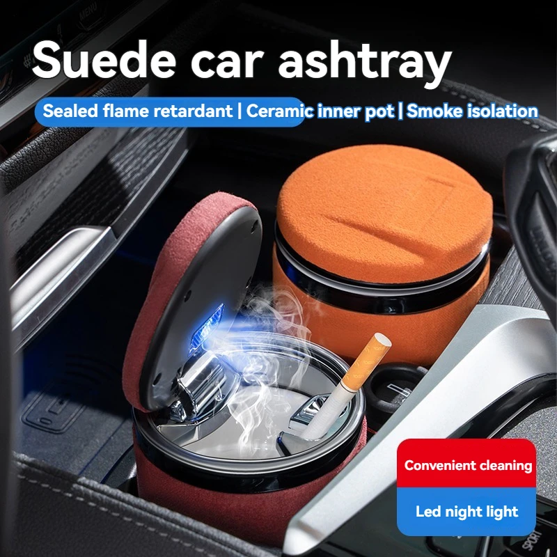 

New Car Suede Ashtray With Blue-Ray LED Light Creative Ceramic Ashtray Cigarette Holder Car Accessories For All car models