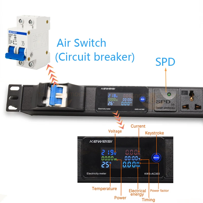 19Inch PDU Power Strip Distribution Unit Digital V/A/W/℃ Electricity meter 16A/32A Air Switch 4000/8000W Surge Protector