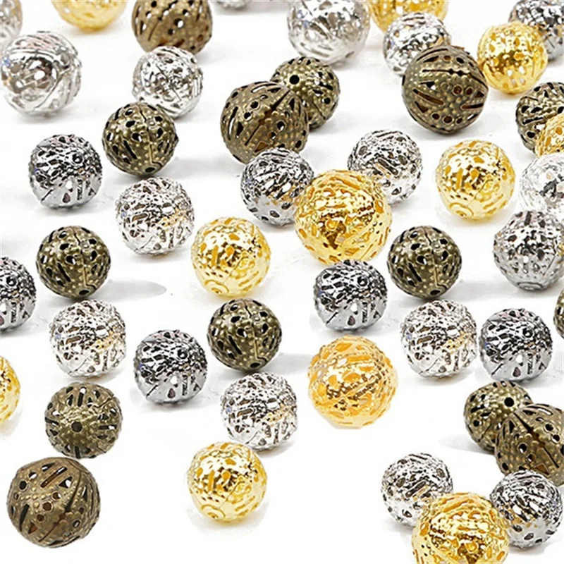 4/6/8/10mm 50-200pcs/Lots High Quality Hollow Ball Filigree Metal Flower Loose Spacer Beads For DIY Jewelry Making Accessories