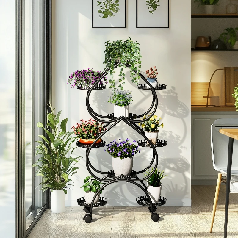

9 Tray Metal Plant Stand Rack Black Flower Pot Holder with Wheels for Indoor Outdoor