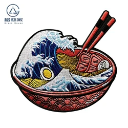 Japan Udon Noodles Embroidery Patches for Clothing The Great Wave Kanagawa Applique Iron on Katsushika Hokusai Ukiyoe Art DIY