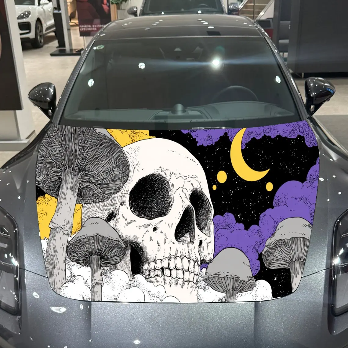 

Skull Mushroom Moonlit Dark Fantasy PVC Car Hood Wraps, Self-Adhesive Waterproof Car Bonnet Decal Sticker, Car Decoration Protec