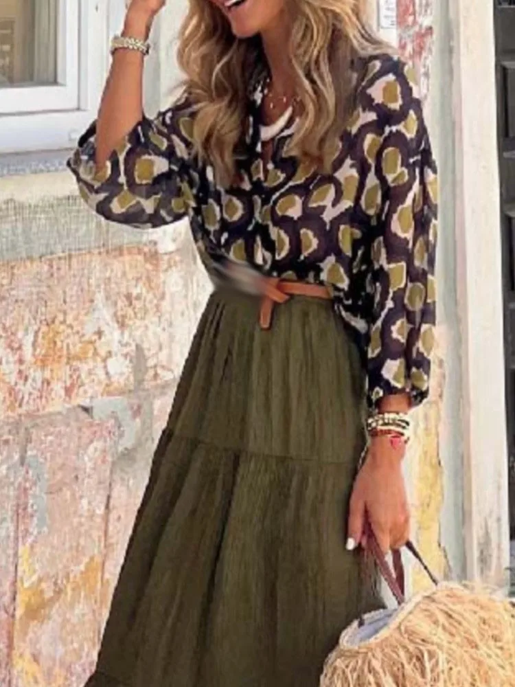 

Женская рубашка с принтом, топы, повседневные рубашки на пуговицах с отложным воротником три четверти для женщин, модная праздничная женская одежда в стиле бохо, весна