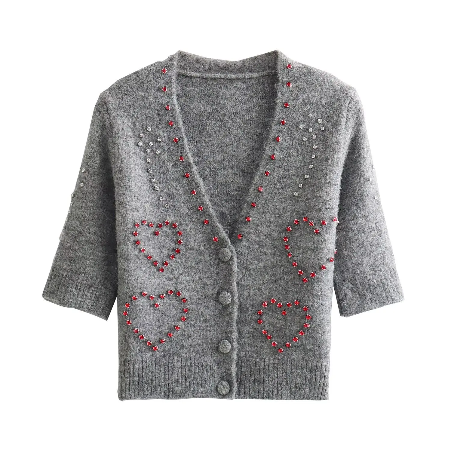 

European and American style 2025 spring new women's V-neck sweet jewelry decorative short-sleeved knitted cardigan