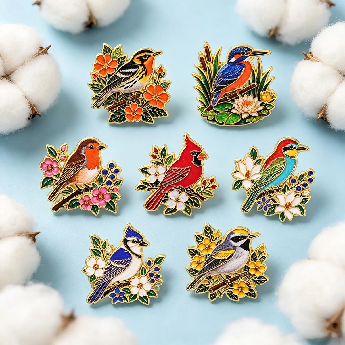 7-teiliges Set Garten-Vögel Emaille-Pin Lebendiger Kardinal Eisvogel Brosche Anstecknadeln Abzeichen für Rucksack Accessoires Schmuck Geschenke – Detail 5