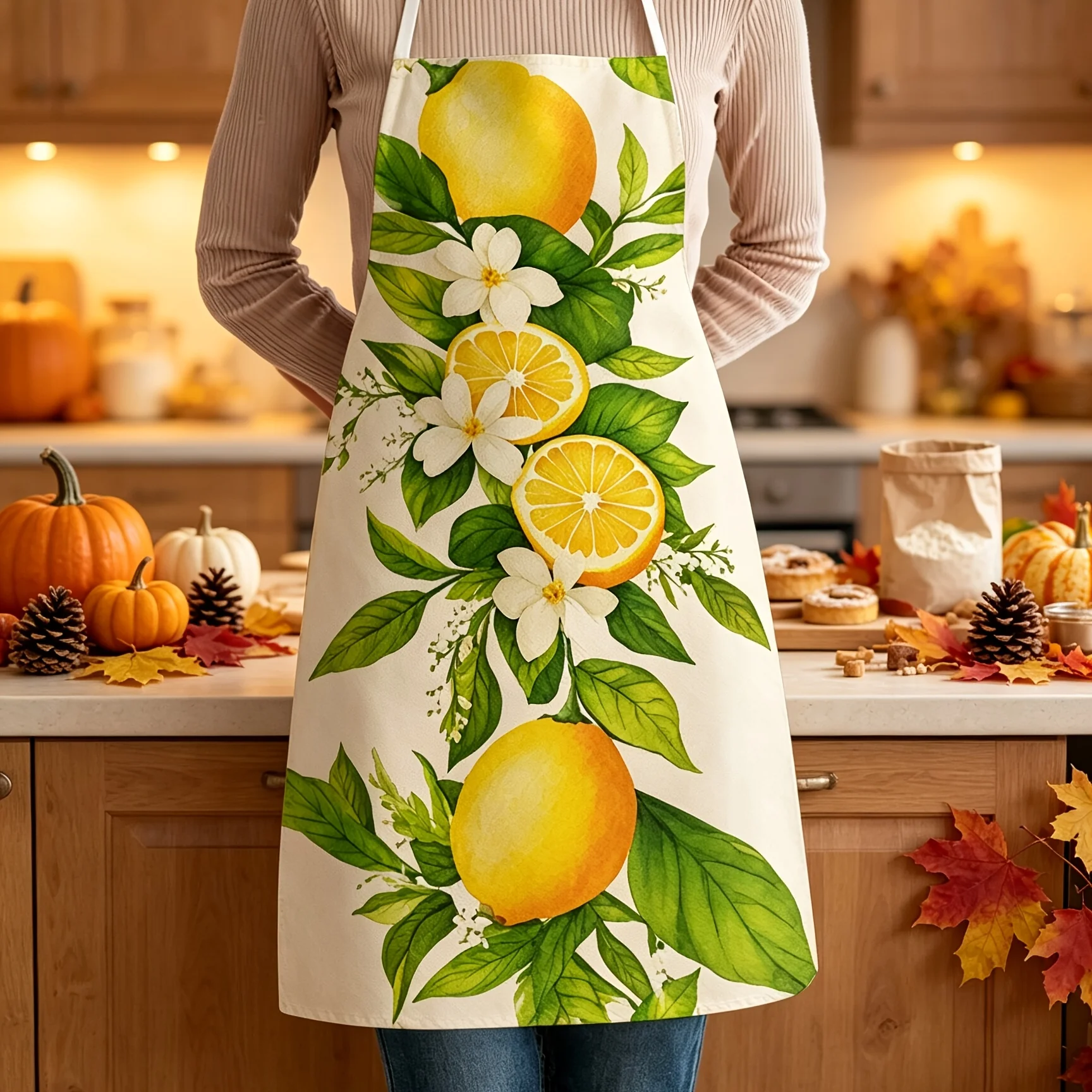 Cute Lemon Flower Print Apron for Kitchen Baking Cooking Apron Apron Smock for Women