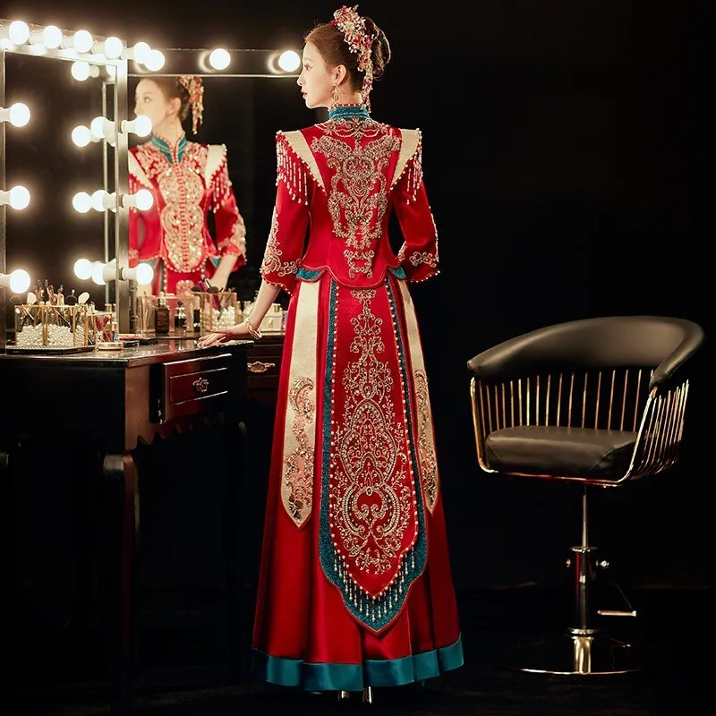 New Chinese-style toasting luxury dragon and phoenix wedding dress heavy industry gift