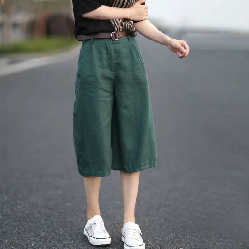 XIZOU Women's High Waist Wide Leg Cotton Linen Blend Five-Quarter Length Trousers Artistic Sle Commute Suitable Casual Pants