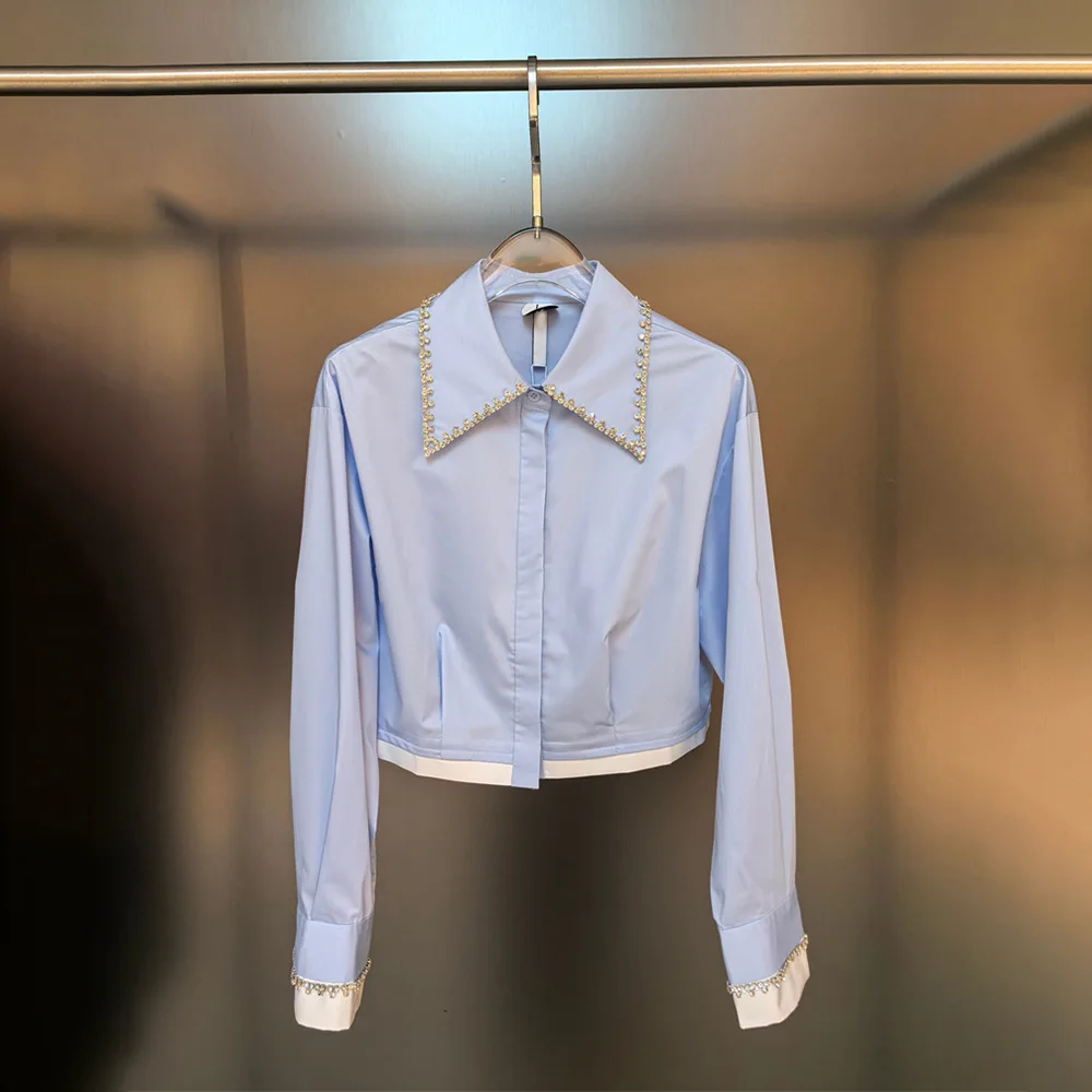 

2025 Autumn New Women Slim Fit Short Polo Shirt Long Sleeve Cotton Shirt with Rhinestone Design