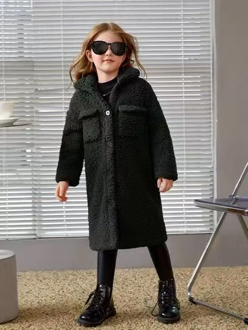2026 New Fall Winter Girls Sherpa Fleece Coat Faux Fur Integrated Loose Mid-Length Thick Warm Outerwear for 5-15Y