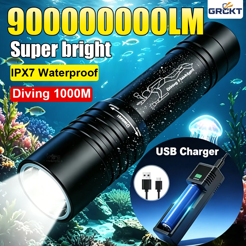 Lampe de plongée ultra-lumineuse 1 000 m, lampe LED rechargeable, lanterne de vision nocturne sous-marine, cadeau, étanche IPX7, plongée.lampe torche ultra puissant lampe torche lampe tactique laser surpuissant lampe t
