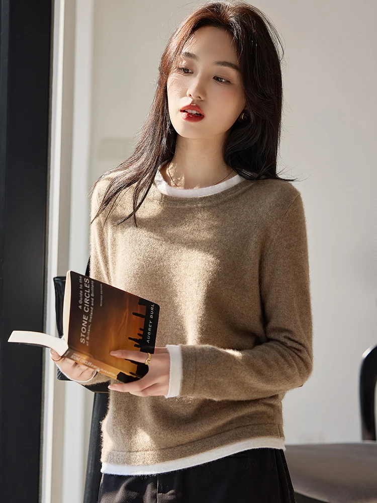 

ANGEL Women‘s 100% Wool Sweater O-neck Long Sleeve Pullover Fake Two Piece Soft Warm Spring Autumn Wool Knitwear Pullover Tops