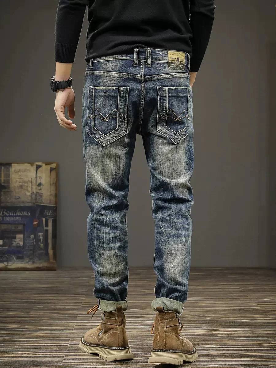 Fashion Designer Men Jeans Retro Blue Stretch Slim Fit Ripped Jeans Men Vintage Trousers Embroidery Casual Denim Pants Hombre