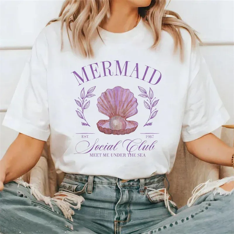 Women's Beach Holiday Mermaid Social Club Cartoon Short Sleeved Sweet Summer Fashion Versatile Print Cute Clothes Top T-Shirt.