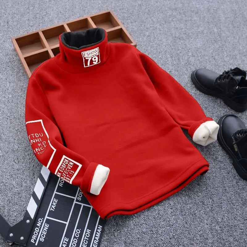 Boys Plus Velvet Bottoming Shirt 2023 Autumn Winter Clothes 4-12 years old Big Kids Long-Sleeve Warm Turtleneck Sweater