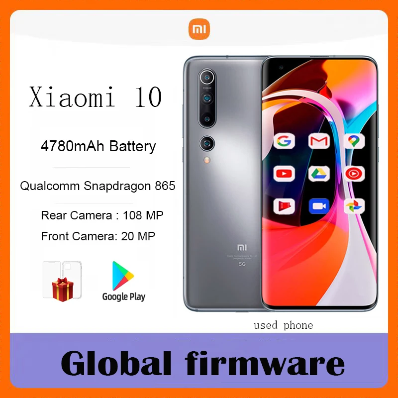 Xiaomi 10 Smartphone 5G 4780mAh Qualcomm Snapdragon865 Global Firmware 108mp 6.67inch 470px used phone