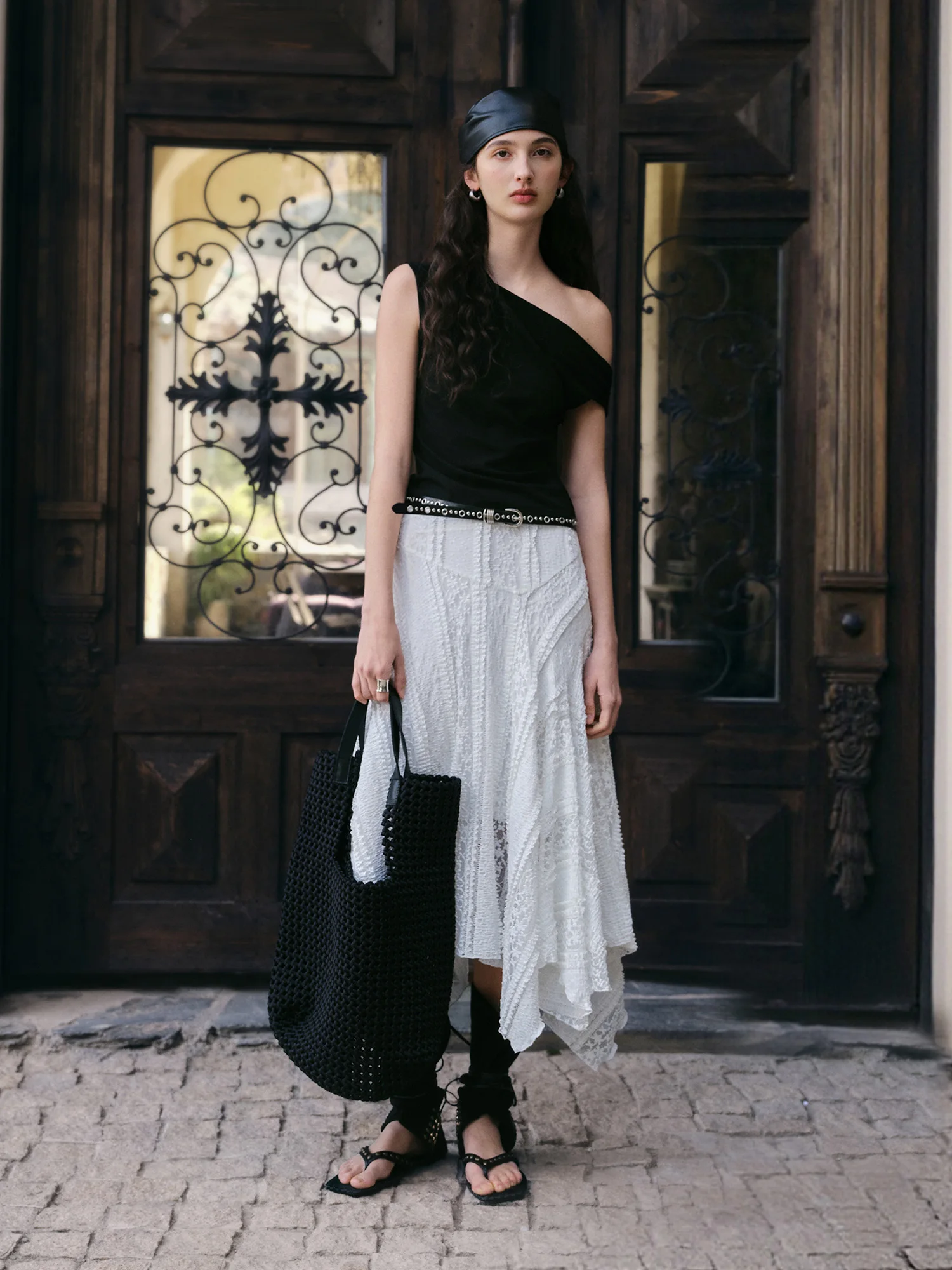 Women's Bias Cut Lace Panel Midi Skirt, Asymmetric Patchwork Hem