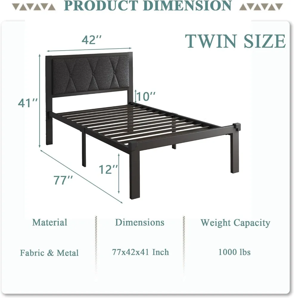 Feonase Twin Size Metal Bed Frame with Fabric Button Tufted Headboard, Platform Bed Frame with Heavy Duty Metal Slats