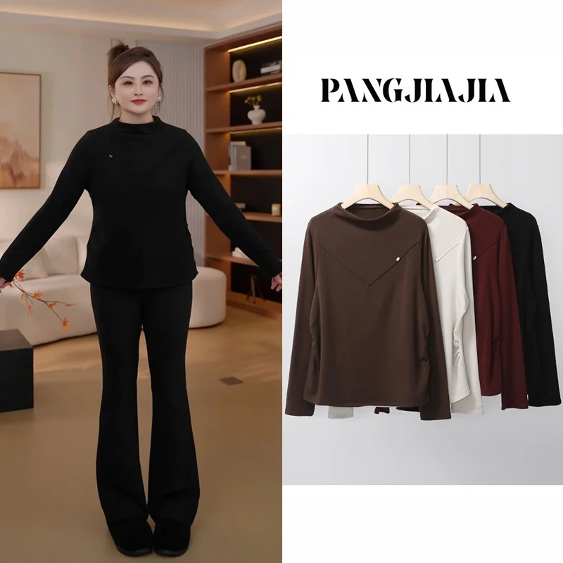 

Fangjiajia Women's Long Sve Fce f High Collar Base T-irt Casual Sle Cotton Blend Thiened Autumn Winter New Fas...