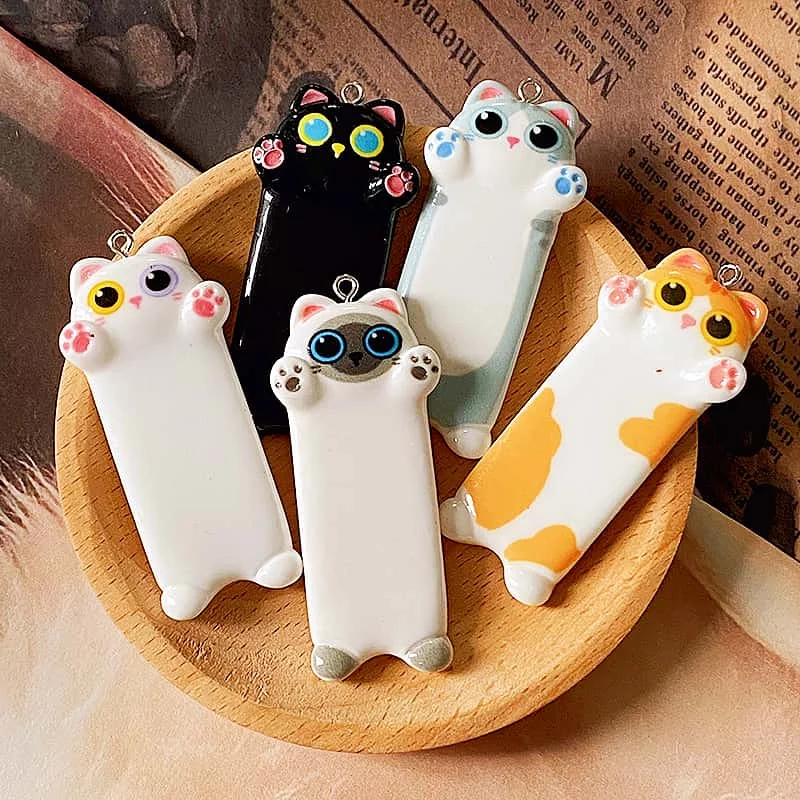 5 pçs longo gato marcador resina encantos engraçado bonito dos desenhos animados animal pingente para colar chaveiros diy jóias fazer