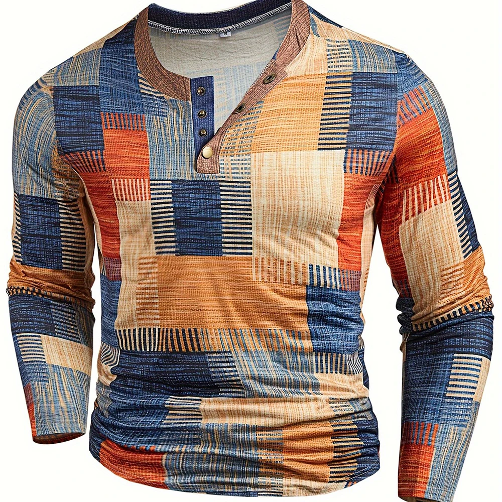 Patchwork Denim Vintage T-Shirt For Men Patchwork Grid Graphic T Shirts 3D Printing Long Sleeve Tee Oversized Man Clothing Tops