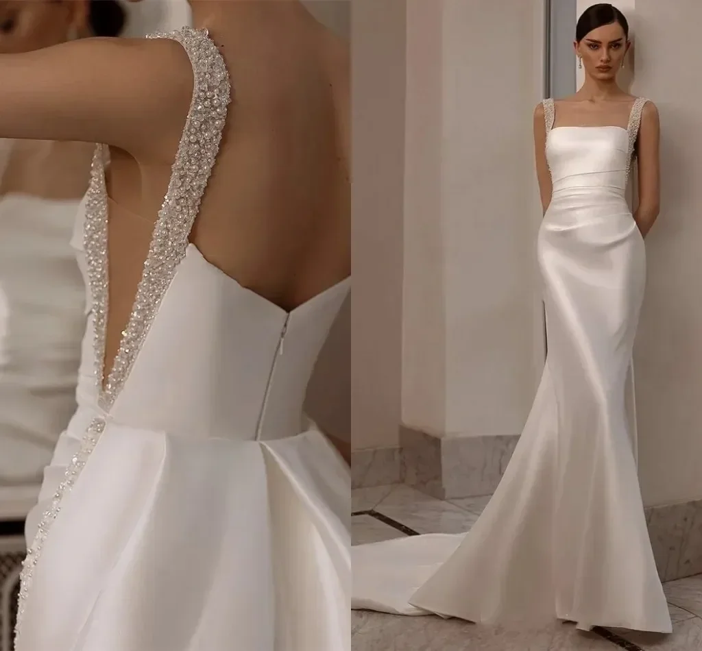 

Customzie Spaghetti Straps Sequin Beads Mermaid Stain Wedding Dress Gorgeous Backless Floor Length Bride GownS Robe de mariée