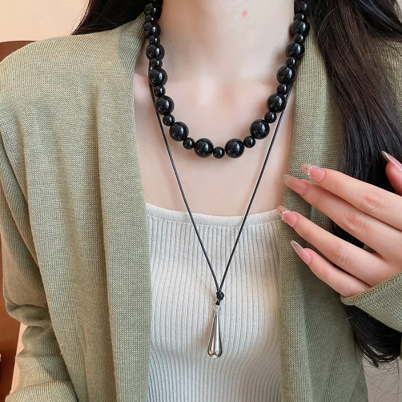 Minar Harajuku Black Color Glass Beads Metallic Water Drop Pendant Necklace for Women Double Layers PU Leather Rope Chain Choker