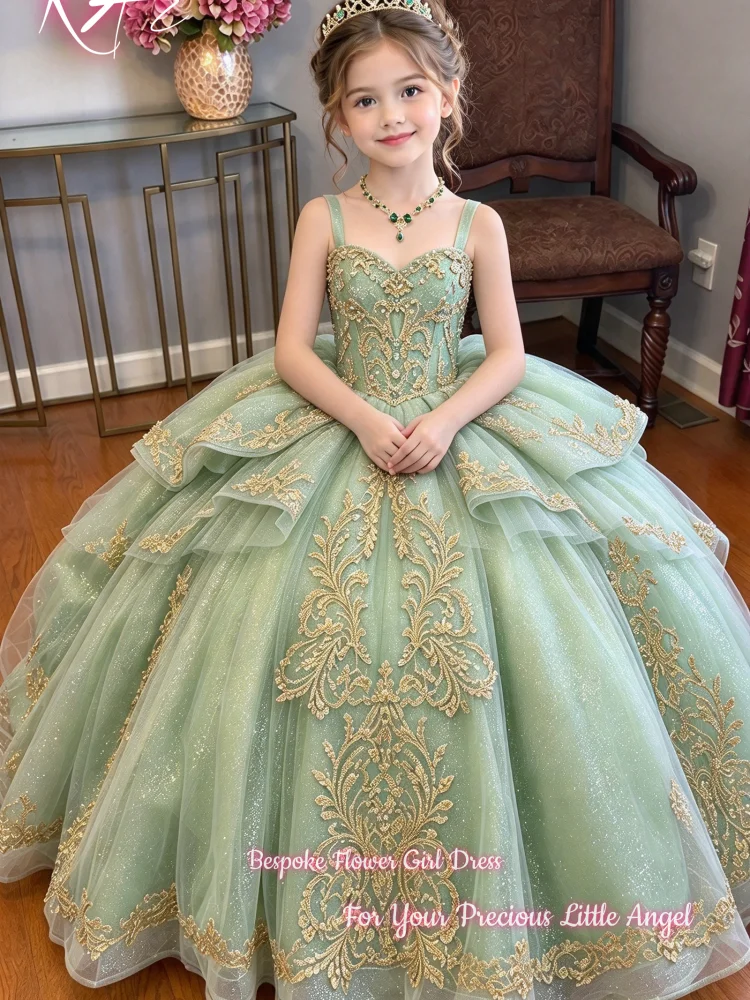 Sage Green Flower Girl Dress For Wedding Birthday Pageant First Communion A Line Floor Length Puffy Tulle Gold Embroidery