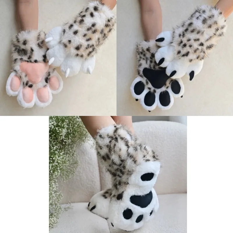 

Leopard Print Paws Gloves Shoes Set Kigurumi Animal Cat Tiger Plush Furry Claw Gloves Fursuit Cosplay Costume Performance Props