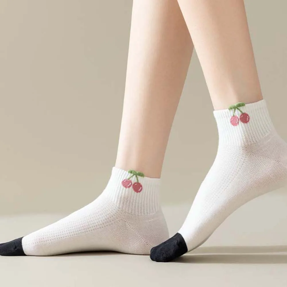 Female Hosiery Cherry Cotton Short Socks Cherry Print Sweat Absorption Cotton Ankle Socks Lolita JK Cotton Boat Socks Summer