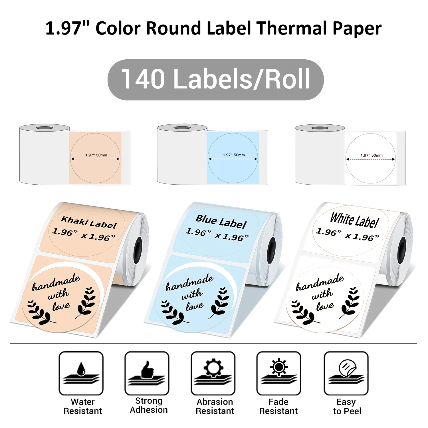 50x50mm Round Blue/Pink/Khaki Thermal Labels 140/Roll - Water/Oil Resistant Stickers for Retail Gift Tags Shipping Barcodes