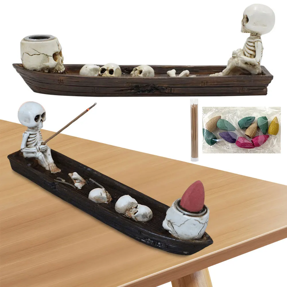 الإبداعية الجمجمة حامل البخور الراتنج لطيف الهيكل العظمي السفينة البخور الموقد ارتجاعي البخور الموقد هالوين ديكور للمنزل #3
