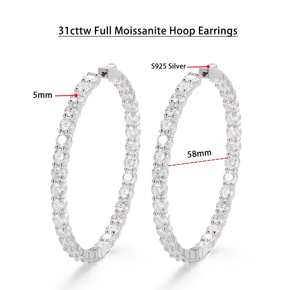 Serenity Day 31cttw D Color 5mm Full Moissanite Hoop Earrings For Women S925 Silver Stud Ear Plated 18k Fine Jewelry Wholesale