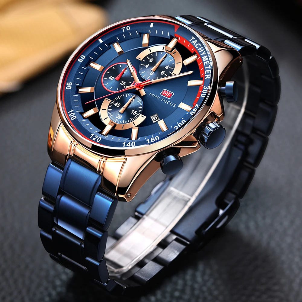 MINI FOCUS Multifunctional Luxury Sport Quartz Watch Mens Watches Waterproof Chronograph Wrist Watch with Luminous Hands 0218G