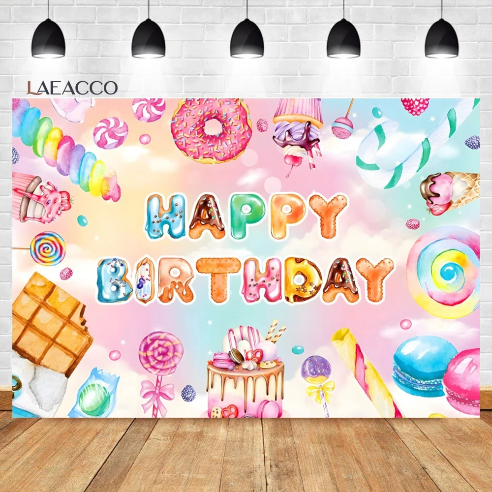 Laeacco Sweet Dessert Backdrop Sprinkles Donut Ice Cream Sprinkles Donut Girls' Birthday Portrait Custom Photography Background