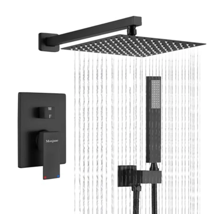 Bathroom shower faucet set: 12-inch matte black solid brass pressure-balanced valve system with rain shower head and handheld,