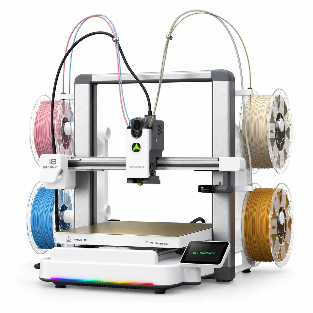 SPARKX I8 4 Color FDM 3D Printer 260x260x255mm Build Volume Automatic Leveling AI Monitoring for Models