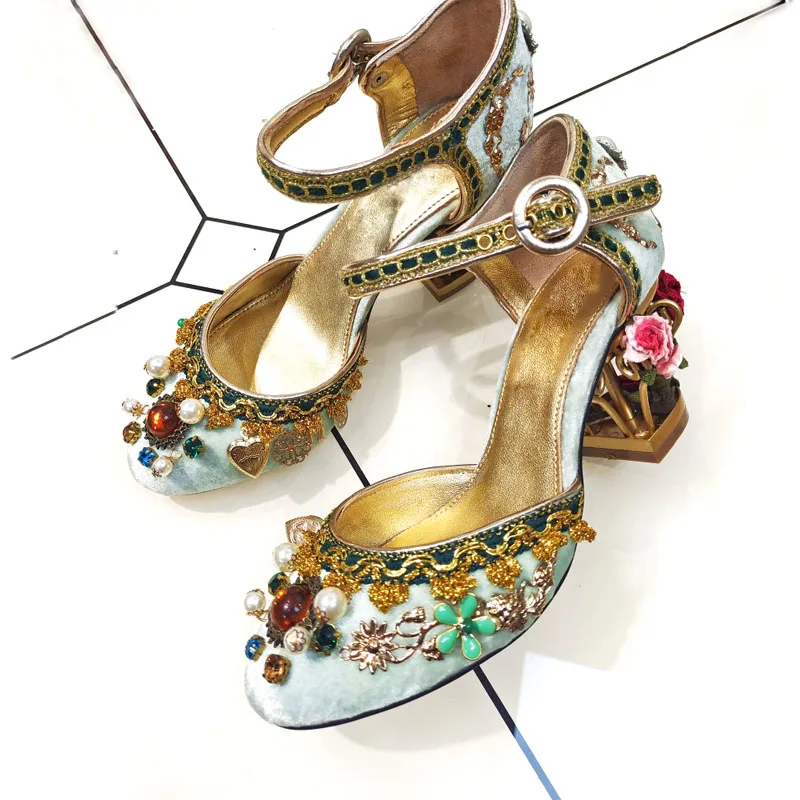 Luxury Metal Bird Cage Fretwork Heels Flower Velvet Pumps Jeweled Gem Beadings Ankle Strap Woman Bridal sandals Banquet Shoes