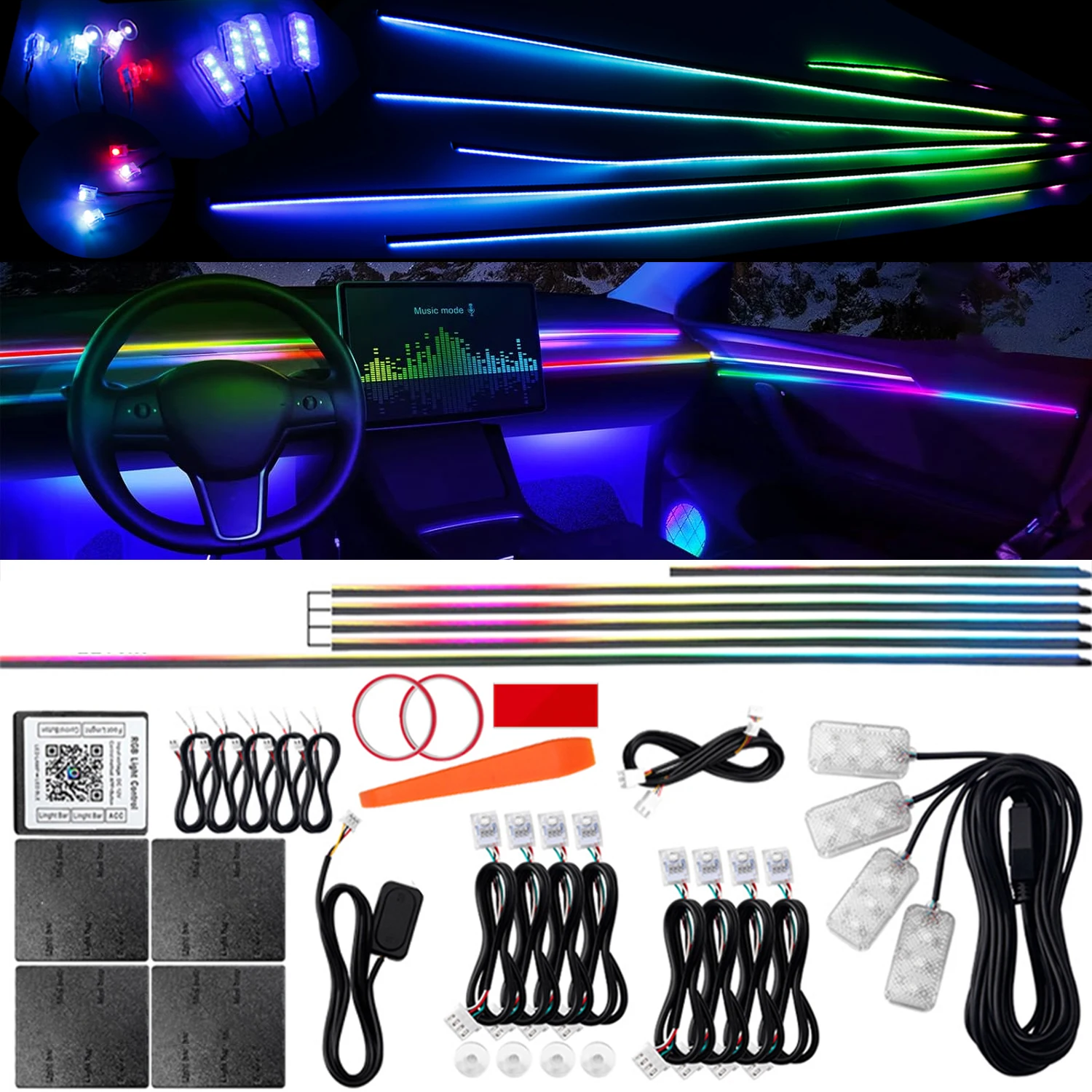 

6/10/14/18/22 в 1 светодиодный автомобильный окружающий свет RGB Symphony Streamer Радужная скрытая акриловая лента комплект внутреннего атмосферного освещения 12 В