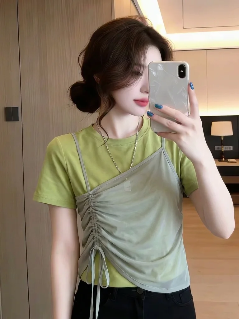 

Gray Unique Fake Two-Piece Short Sleeve T-Shirt Women's Loose Summer Top CleanFit Style Drawstring round Neck Pure Color