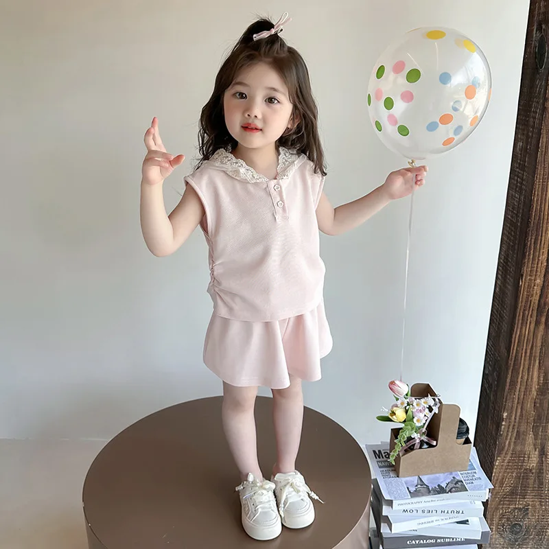 

Girls' Hooded Lace Set 2025 Summer New Fashionable Two piece Set for sized Children's Fashion
