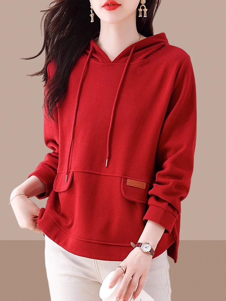 Ladies Short Sleeve Long Hoodie Spring Autumn Thin New Style Casual Popular Early Spring Top Korean Style Pure Color Commute