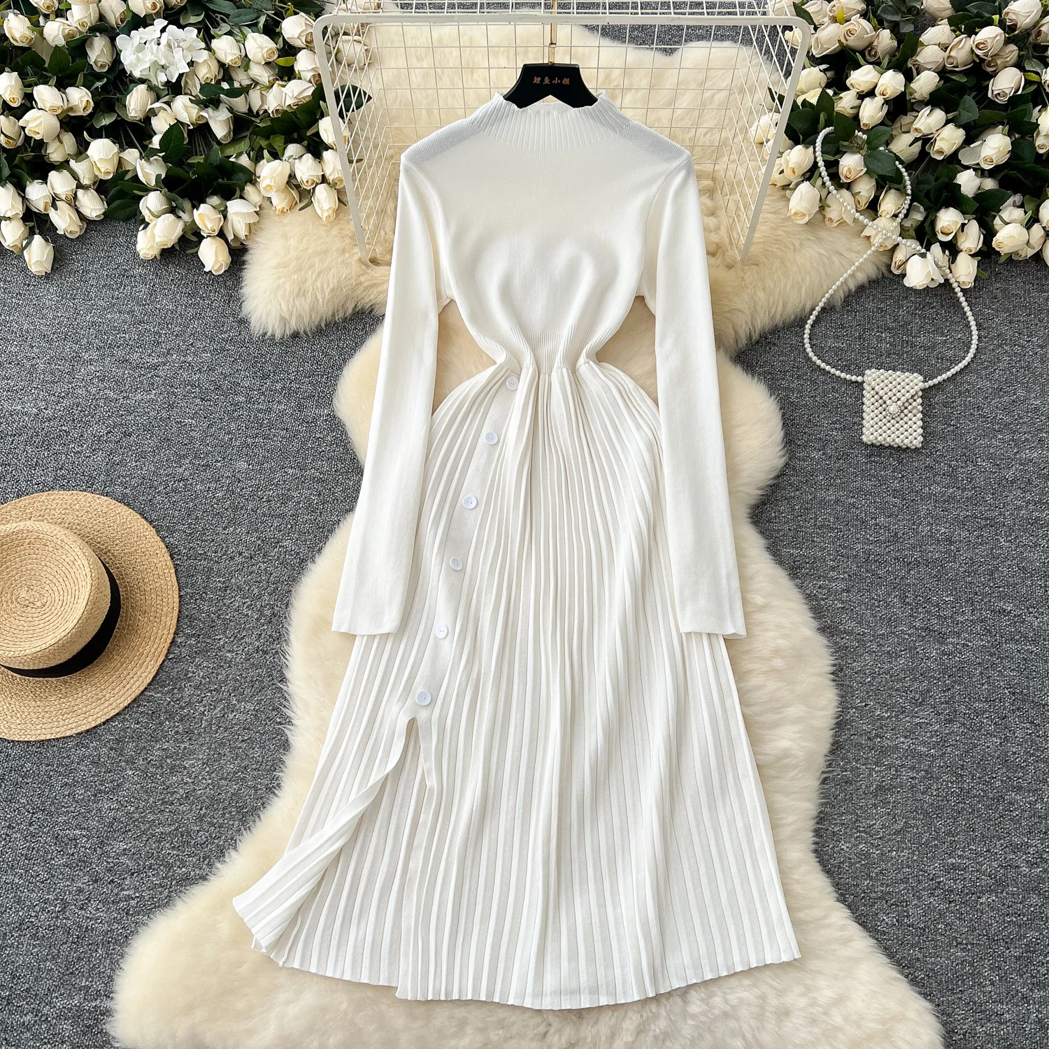 French Vintage Pleated O Neck Long Sleeve Button Knit Dress Elegant Fashion Party Slim Autumn A-line Dresses