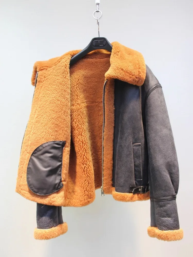 Winter Women Moto Biker Style Natural Shearling Overcoat Sheepskin Genuine Leather Real Wool Jacket Warm Sheep Fur Lining Coat