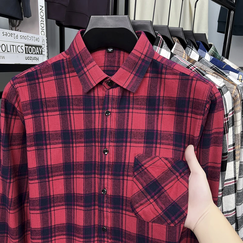 

Классическая клетчатая мужская рубашка 2026, хлопковые повседневные деловые рубашки с длинными рукавами, универсальная удобная уличная мужская одежда