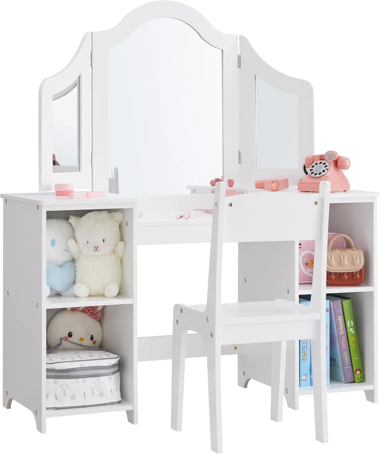 2 in 1 Kids Vanity Set, Princess Makeup Table and Chair with Open Storage Cabinet, Pretend Play Vanity with Detachable Tri-fold